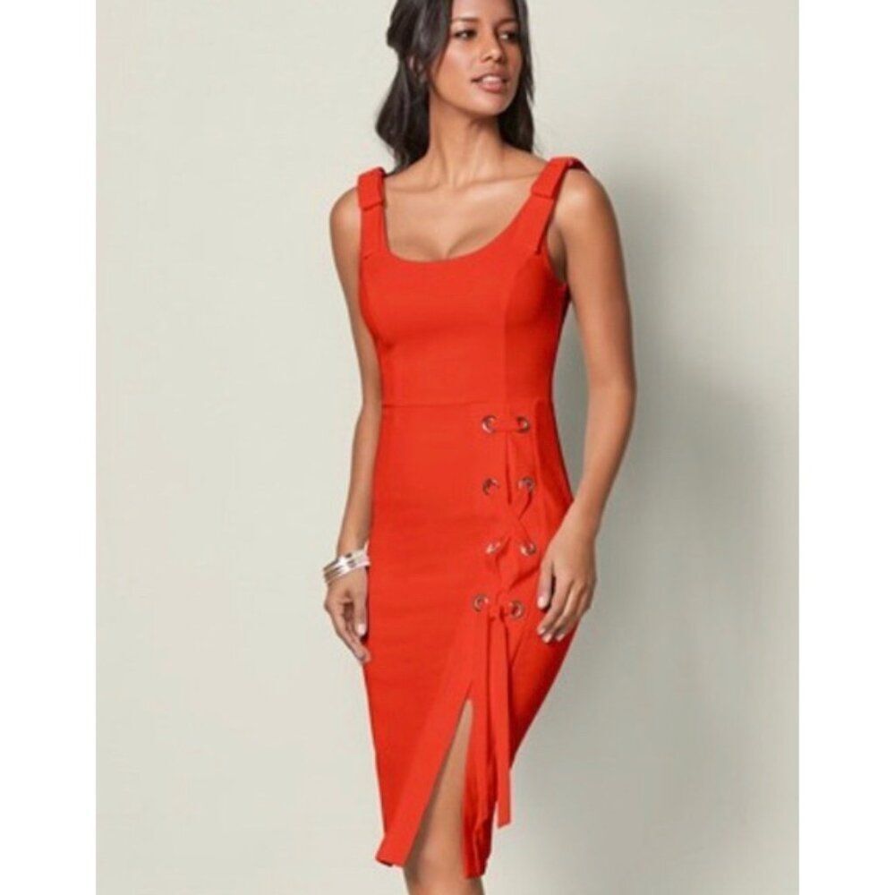 Venus Women's Orange Sleeveless Side Lace-Up Detail Cocktail Dress Size S